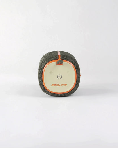 Top control interface of the Belleville speaker featuring touch icons and the Marceau & Luthier graffiti-style signature.
