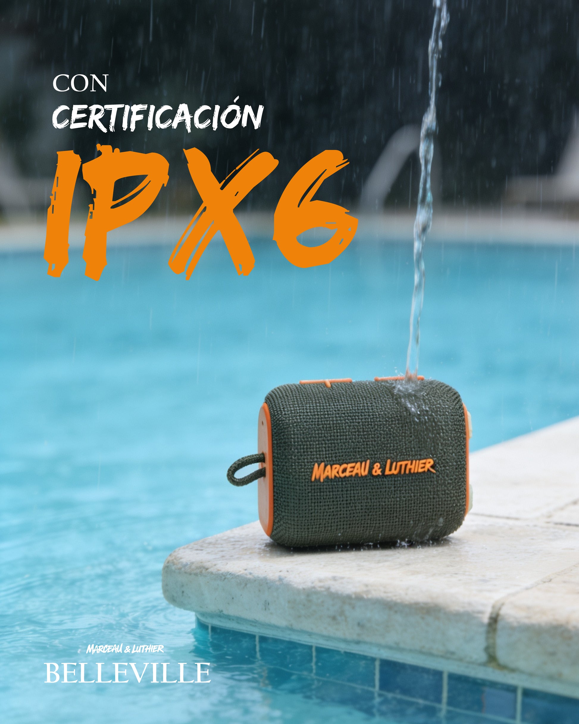 Marceau & Luthier Belleville mini portable speaker by a swimming pool, being splashed with water to highlight its IPX6 waterproof rating.